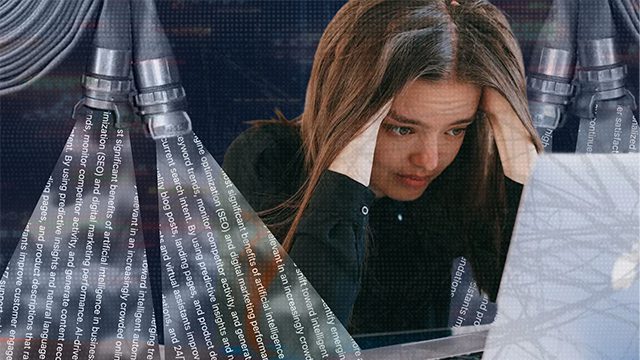 A collage of a student seated at a desk surrounded by stacks of paperwork while multiple firehoses spray streams of text around her.