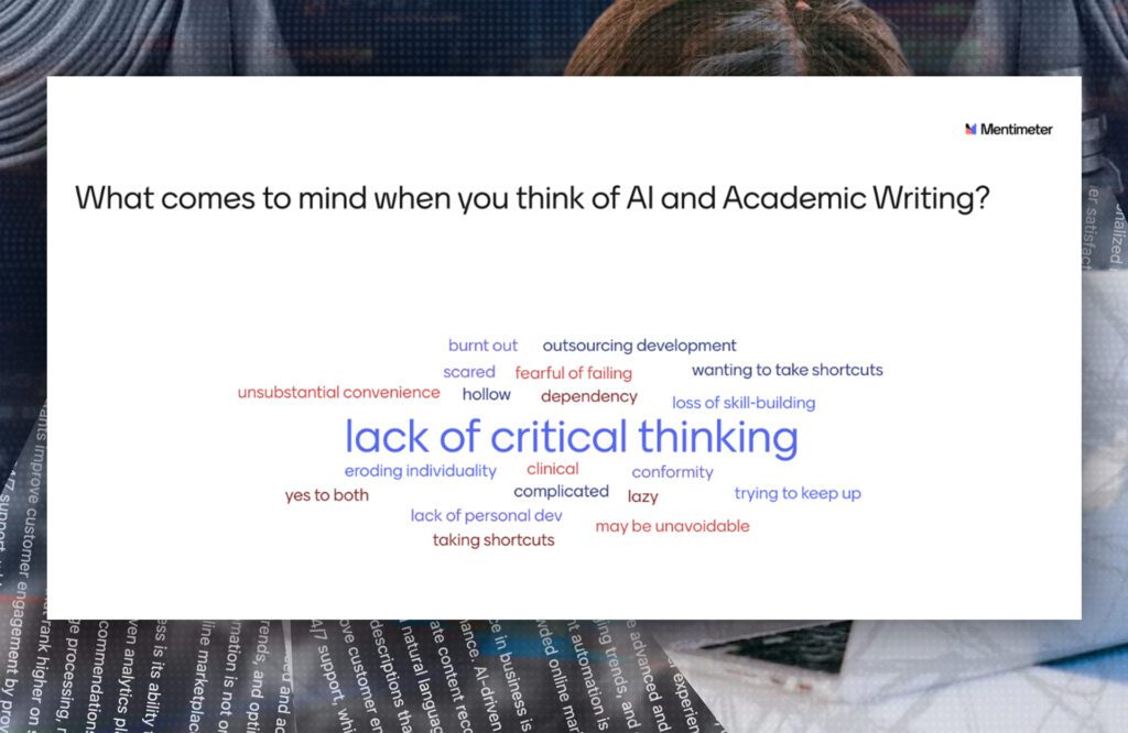 Mentimeter word cloud; most common response to "What comes to mind when you think of AI and Academic Writing?" was "lack of critical thinking"