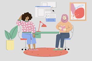 Two students, one with an afro and the other wearing a Hijab