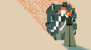 This image shows an individual with orange hair interacting with a large, abstract digital mirrored structure. The structure is composed of squares in varying shades of green, orange, white, and black which are pieced together to reflect the individual’s figure. The figure's hand is extended as if pointing to or interacting with the mirrored structure. Behind the structure are streams of binary code (0s and 1s) in orange, flowing towards the digital grid.