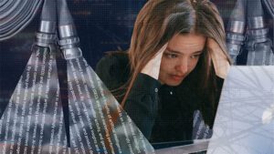 A collage of a student seated at a desk surrounded by stacks of paperwork while multiple firehoses spray streams of text around her.