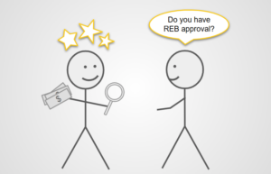 Two stick figures, one is smiling and ready to start researching, the other asks "Do you have REB approval?"
