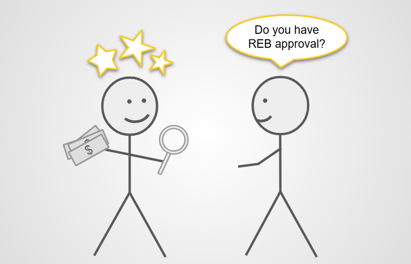 Two stick figures, one is smiling and ready to start researching, the other asks "Do you have REB approval?"